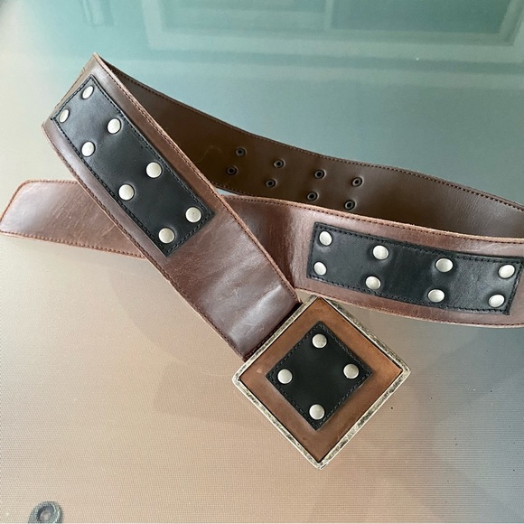 Hand Crafted Accessories - Vintage Brown & Black & Steel, Studded Belt ! Square Buckle ! A UNIQUE BELT ❤️